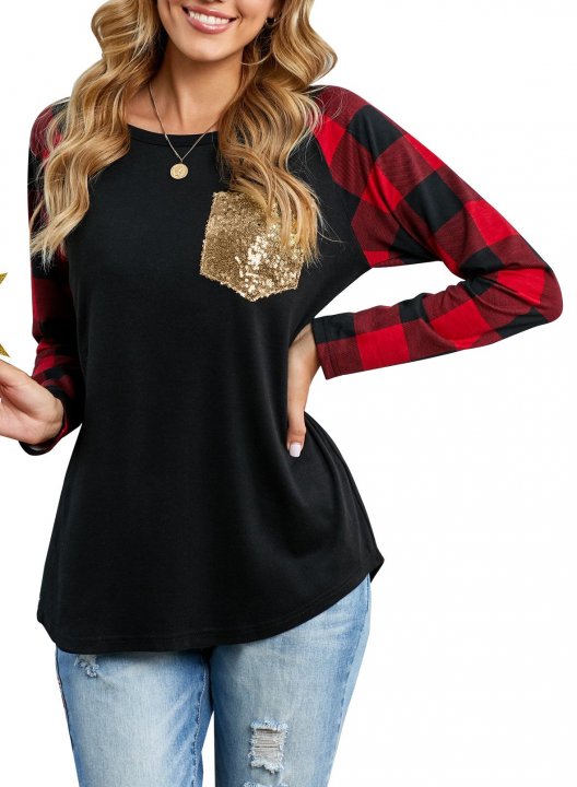 Red Plaid Pocket Sequin Long Sleeve Sweatshirt