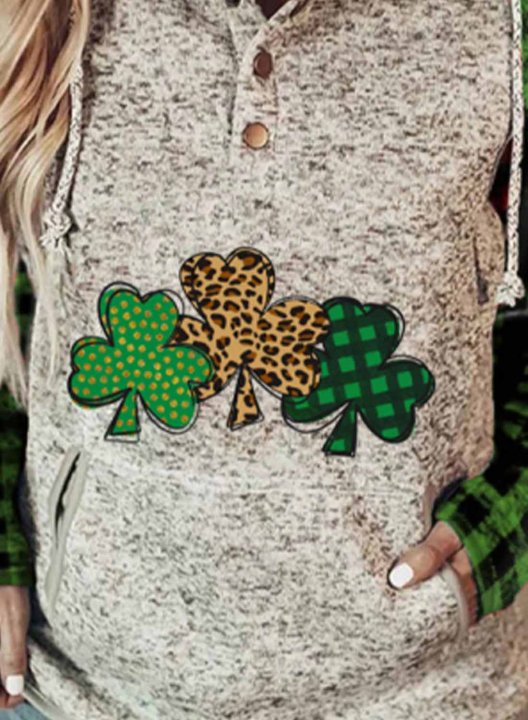 Women's Saint Patrick's Day Hoodies Drawstring Color Block Plaid Shamrock Button Long Sleeve Pocket Hoodies