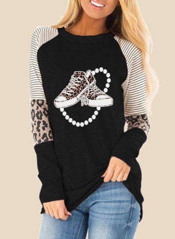 Women's T-shirts Striped Leopard Print Long Sleeve Round Neck Daily T-shirt