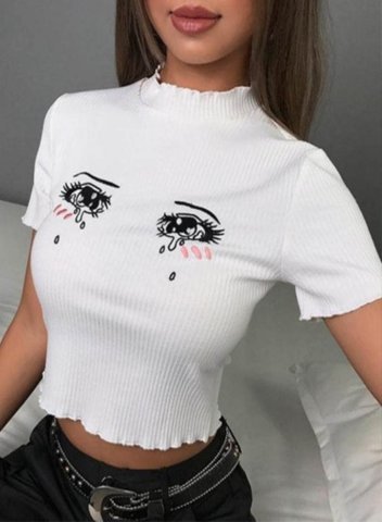 Women's T-shirts Portrait Cropped Solid Embroidery High Neck Short Sleeve Daily Casual T-shirts