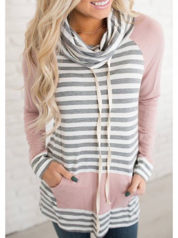 Pink Cowl Neck Pockets Long Sleeve Striped Shirts & Tops