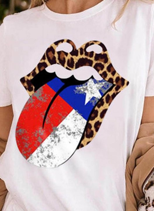 Women's T-shirts Color Block Leopard Flag Lips Print Round Neck Short Sleeve Daily Casual T-shirts