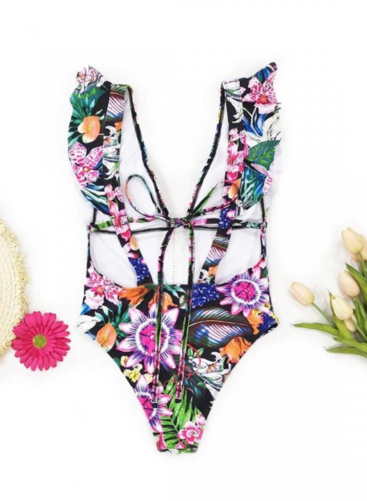 Women's One Piece Swimwear Floral Ruffle Knot V Neck One-Piece Swimsuit