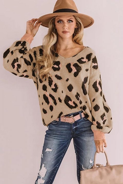 Women's Sweaters V-neck Leopard Print Puff Sleeve Sweaters