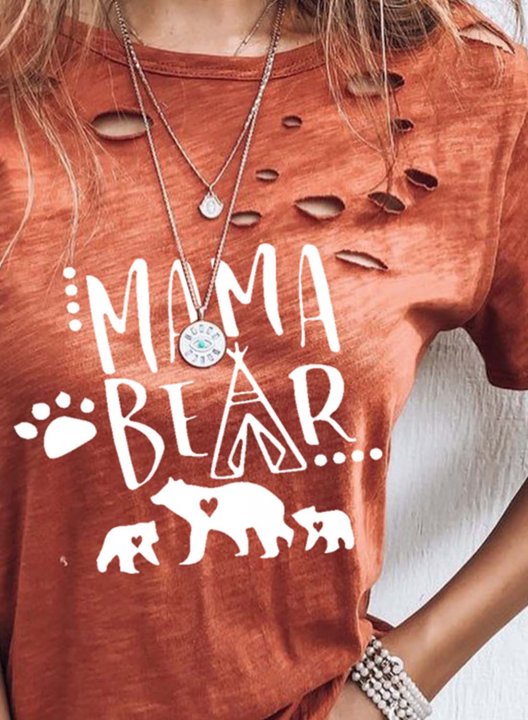 Women's Mama Bear T-shirts Short Sleeve Round Neck Summer T-shirt