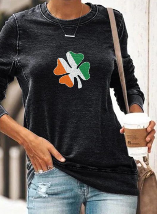 Women's St Patricks Sweatshirt Solid Black Print Round Neck Long Sleeve Casual Pullovers