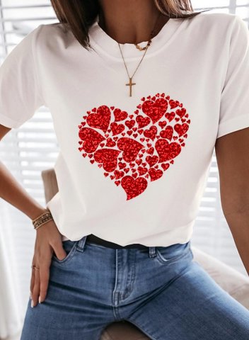 Women's Shirt Heart Print White Solid Casual Basic T-Shirt