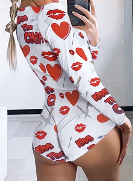 Women's Onesies Pajama Heart- Lips Print High Waist Casual Loungewear Sets