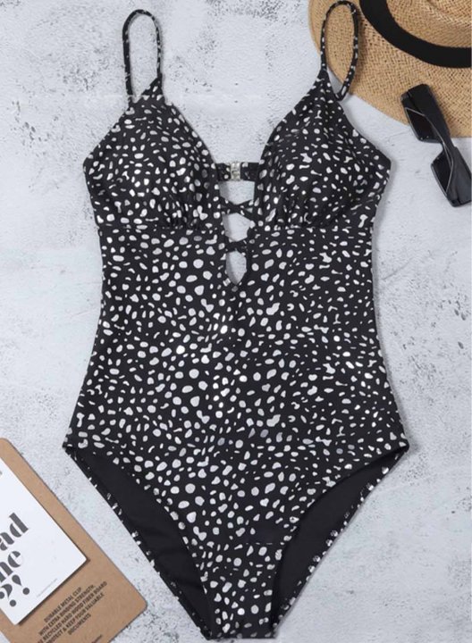 Women's One Piece Swimwear Color Block Polka Dot V Neck Criss Cross One-Piece Swimsuit