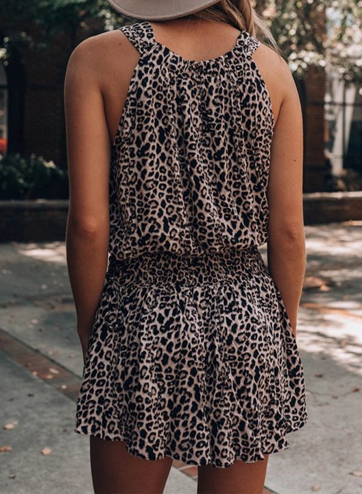 Women's Halter Neck Mini Dresses Leopard Sleeveless Round Neck Vintage Casual Mini Dress
