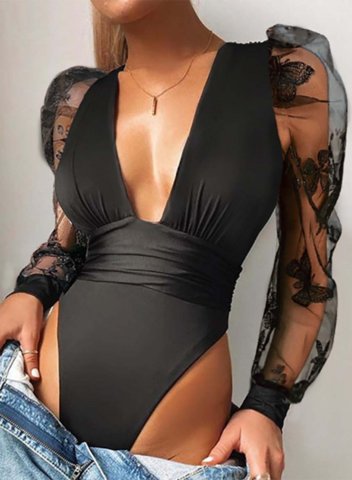 Women's Bodysuits Solid Long Sleeve Lace Puff Sleeve V Neck Party Date See-through Mesh Bodysuit
