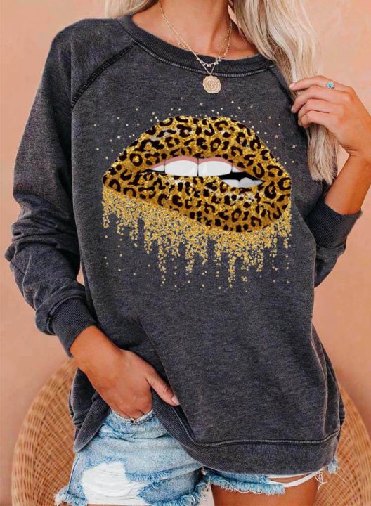 Women's Sweatshirts Leopard Lip Print Sequin Long Sleeve Round Neck Sweatshirt