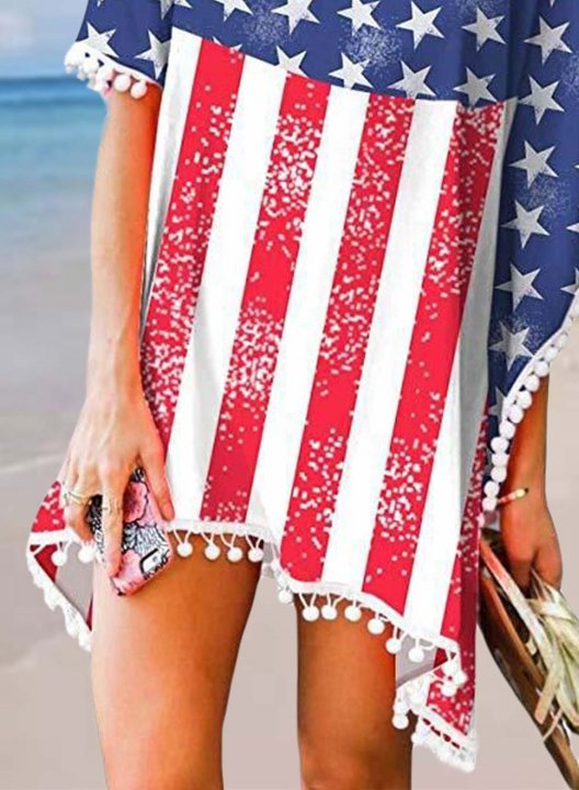 Women's Dress Flag V Neck Shift Fringe Short Sleeve Vacation Casual Beach Mini Dress