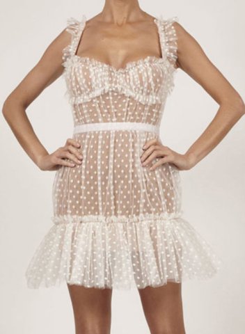 Women's Mini Dress Solid Polka Dot Mesh Bodycon Spaghetti Sleeveless Prom Date Mini Dress
