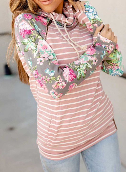 Women Floral Strioed Long Sleeve Hooded Top