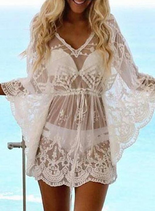 Women's Mini Dress Solid Lace Fit & Flare V Neck Long Sleeve Vacation Beach Mini Dress