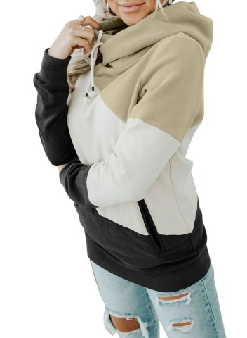 Color Block Stand Neck Long Sleeve Hoodie