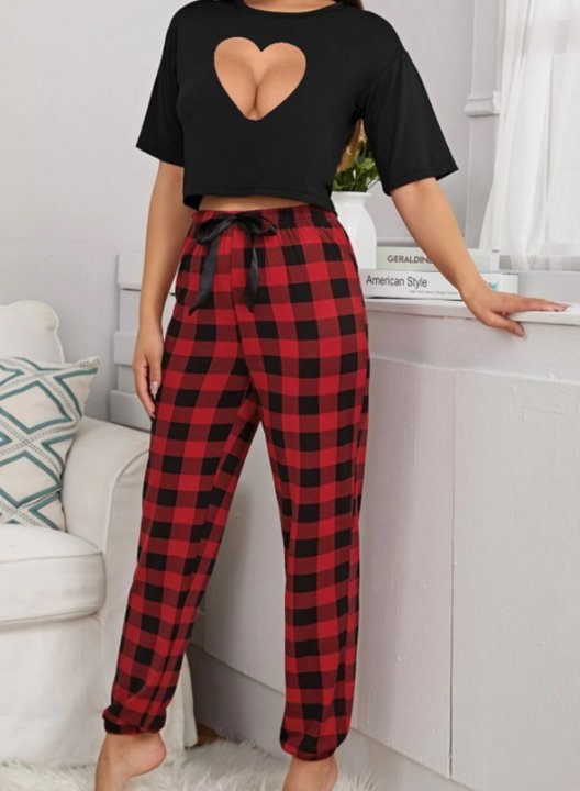 Women's Loungewear Sets Plaid Heart-shaped Short Sleeve Round Neck Slim Ankle-length Casual Loungewear Sets