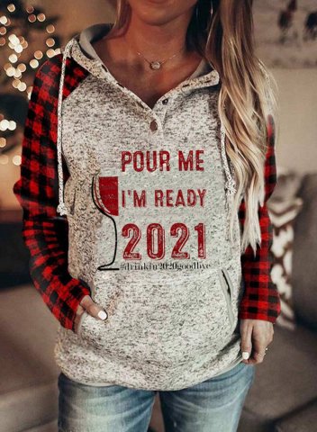 Women's Pour Me I'm Ready for 2021 Hoodies Drawstring Button Color Block Plaid Letter Casual Hoodies With Pockets