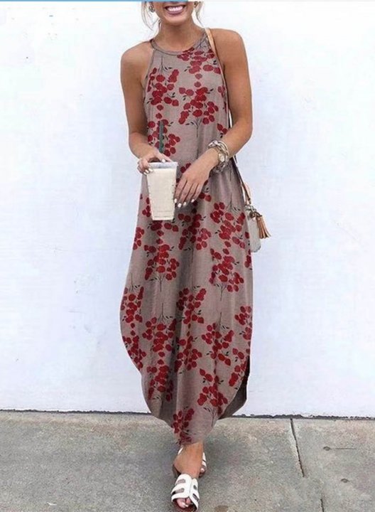 Women's Maxi Dresses Floral Sleeveless A-line V Neck Vacation Beach Boho Maxi Dress