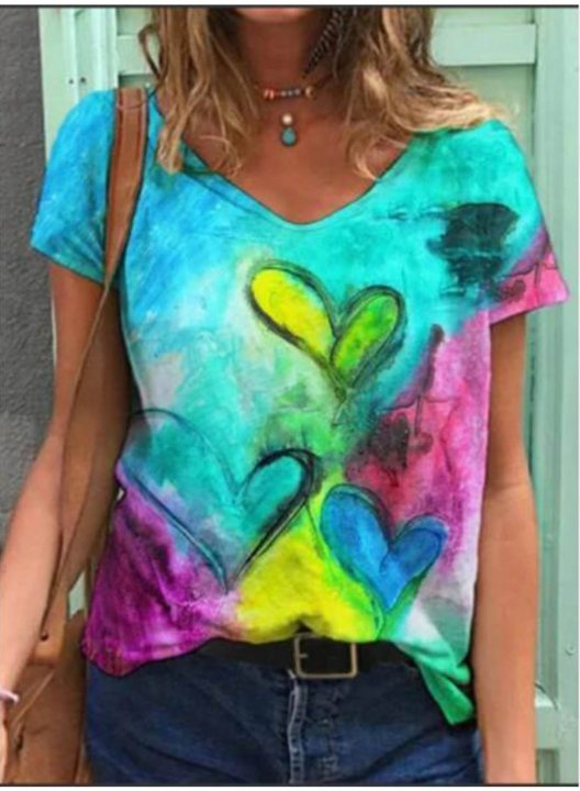 Women's T-shirts Color Block Heart-shaped Tiedye Short Sleeve V Neck Daily T-shirt