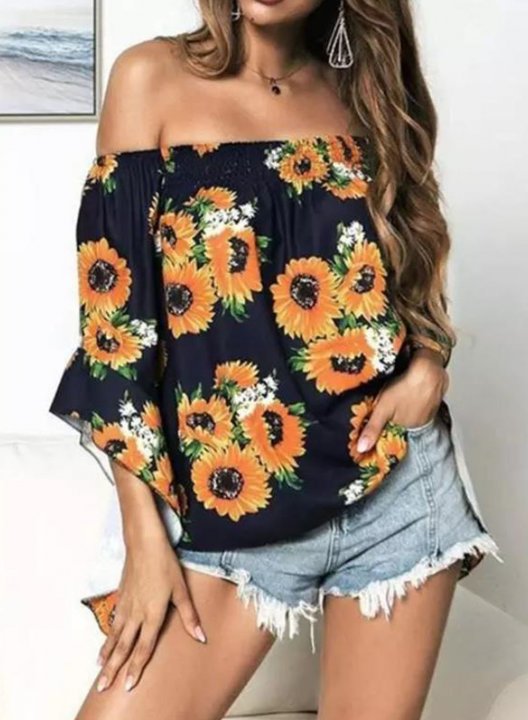 Women's Blouses Sunflower Ruffle Off Shoulder Blouse