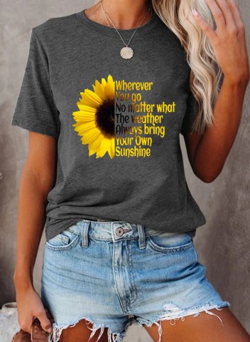 Women's T-shirts Sunflower Letter Print Short Sleeve Round Neck Daily T-shirt