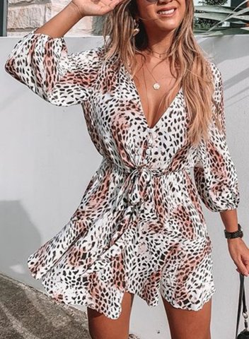 Women's Mini Dresses Fashion Leopard 3/4 Sleeve Fit Flare V Neck Date Knot Dress