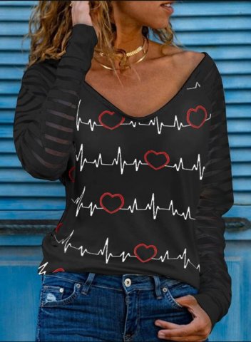 Women's Sweatshirt Heart Print Long Sleeve V Neck Daily T-shirt