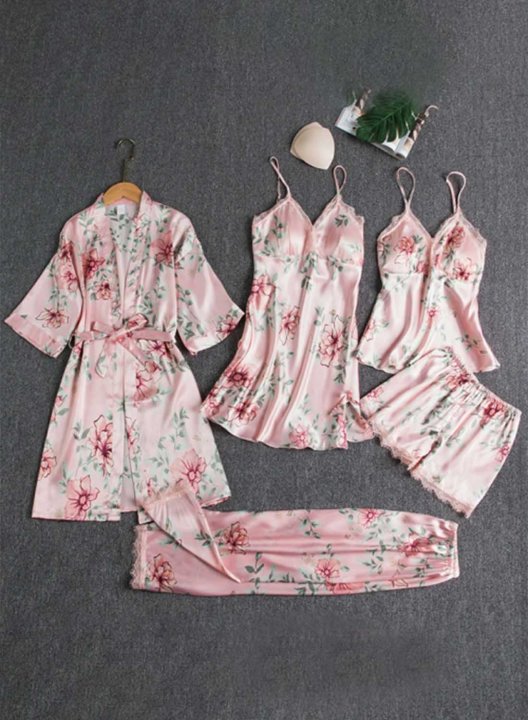 Women's Loungewear Sets Solid Floral Lace 4-Piece Loungewear Set