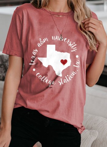 Women's Texas Independence Day T-shirts Letter Heart-shaped Round Neck Short Sleeve Daily Casual T-shirts