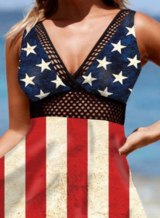 Women's Tankinis Mid Waist Mesh Striped American Flag V Neck Padded Vintage Tankini Set