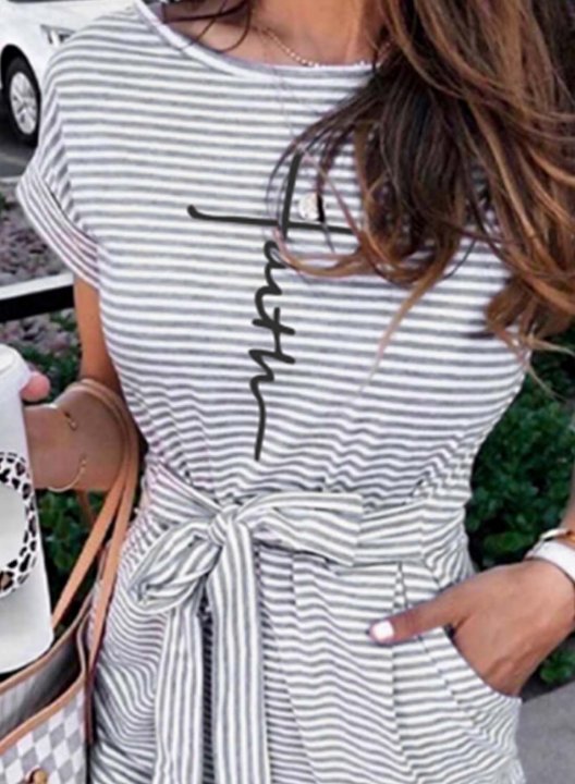 Women's Dress Striped Letter Round Neck Short Sleeve Pocket Belt Summer Daily Casual Midi Dress