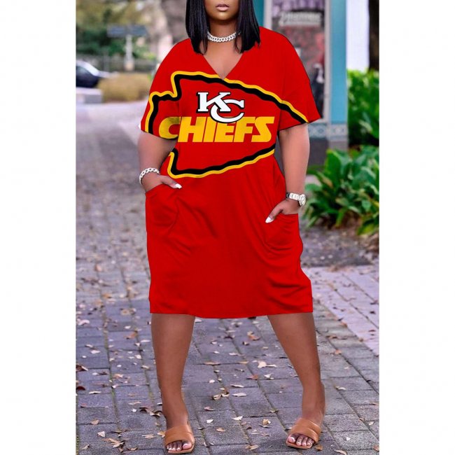 Kansas City Chiefs Print Fashion Casual V Neck Short Sleeve Dress