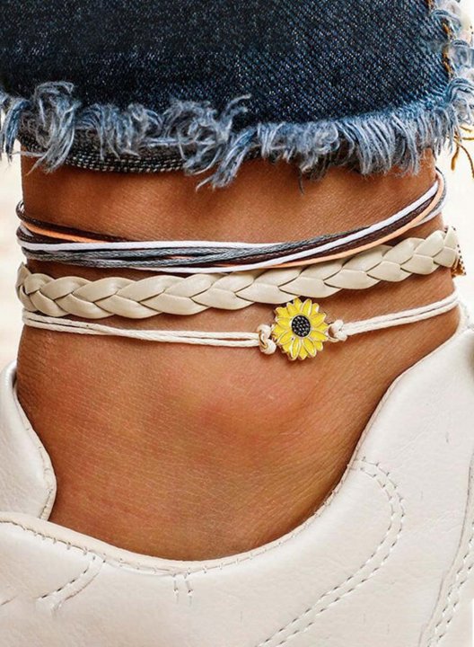 3Pcs Fashion Sunflower Woven Anklet Set