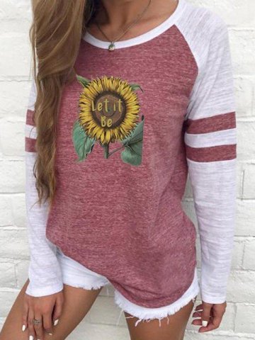 Women Let It Be Sunflower Long Sleeve T-Shirt Round Neck Acrylic Floral Shirts & Tops