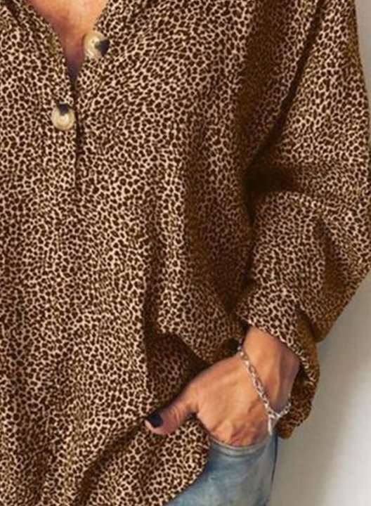 Women's Blouses Leopard Long Sleeve V Neck Button Tunic Daily Blouse