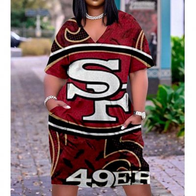 Women's San Francisco 49ers Team Fan Print Pocket Short-sleeved V-Neck Casual Knitted Cotton Dress