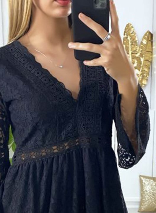 Women's Mini Dress Solid Floral Lace Fit & Flare Long Sleeve V Neck Summer Daily Mini Dress