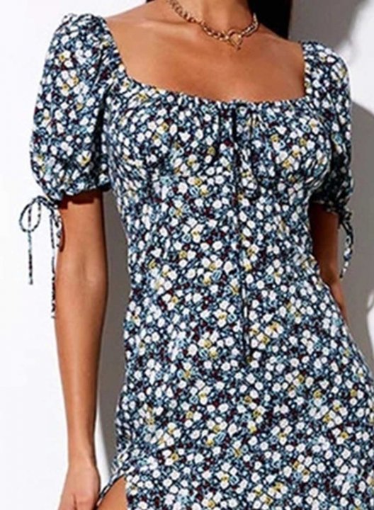Women's Midi Dresses Floral Short Sleeve Square Neck Vacation Split Ruffle Midi Dress