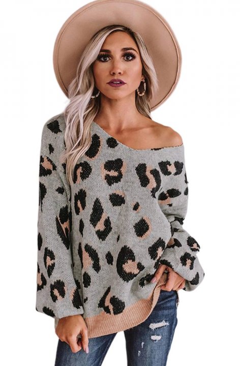 Women's Sweaters V-neck Leopard Print Puff Sleeve Sweaters