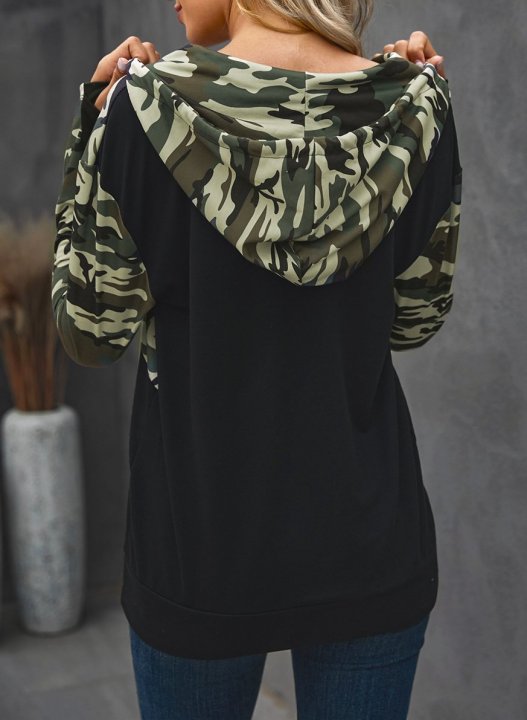 Color Block Leopard Camouflage Zip Front Hoodie