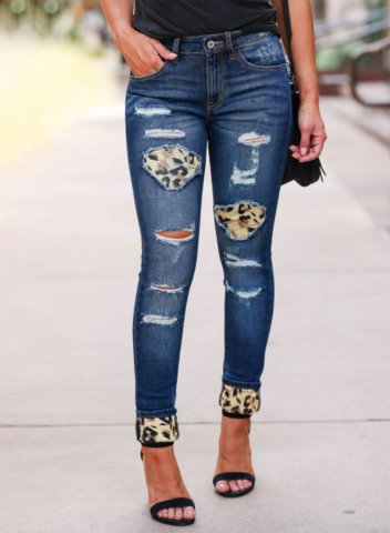Women's Torn Jeans Slim Leopard Cut-out Mid Waist Ankle-length Casual Daily Torn Jeans