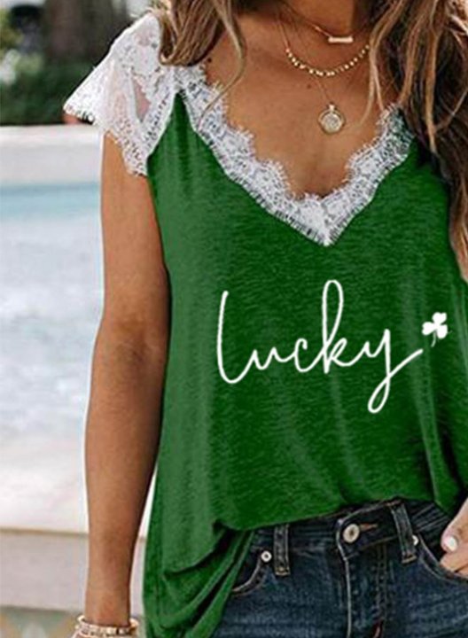 Women's Lucky Shamrock Print T-Shirt Lace Letter Short Sleeve V Neck Daily Casual Tops