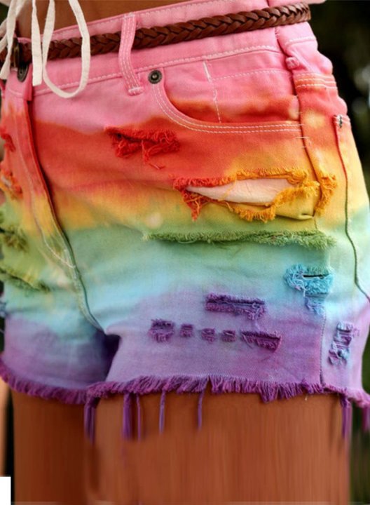 Women's Jeans Shorts Straight Multicolor Rainbow Mid Waist Daily Casual Denim Ripped Shorts