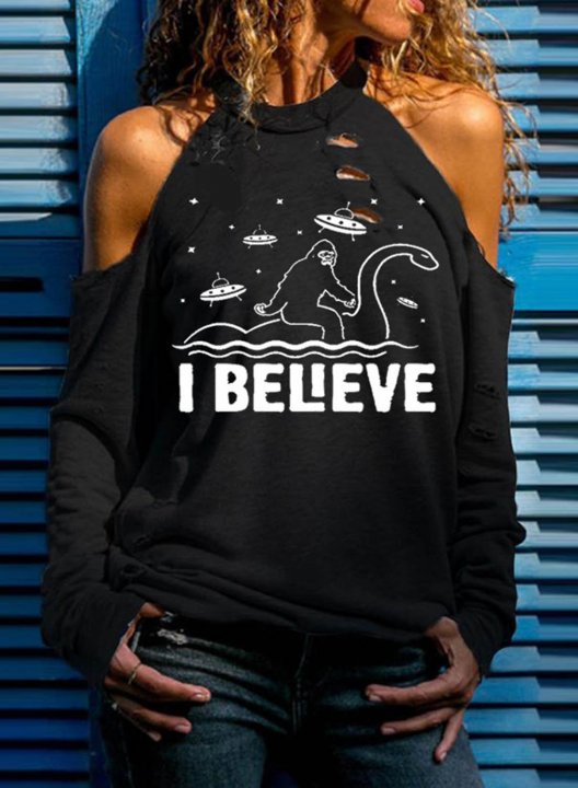 Women's I Believe Bigfoot Print Sweatshirt Solid Cold Shoulder Cut-out Long Sleeve T-shirts