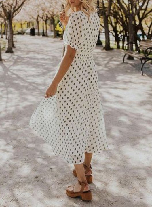 Women's Midi Dresses Polka Dot Short Sleeve V Neck Dress