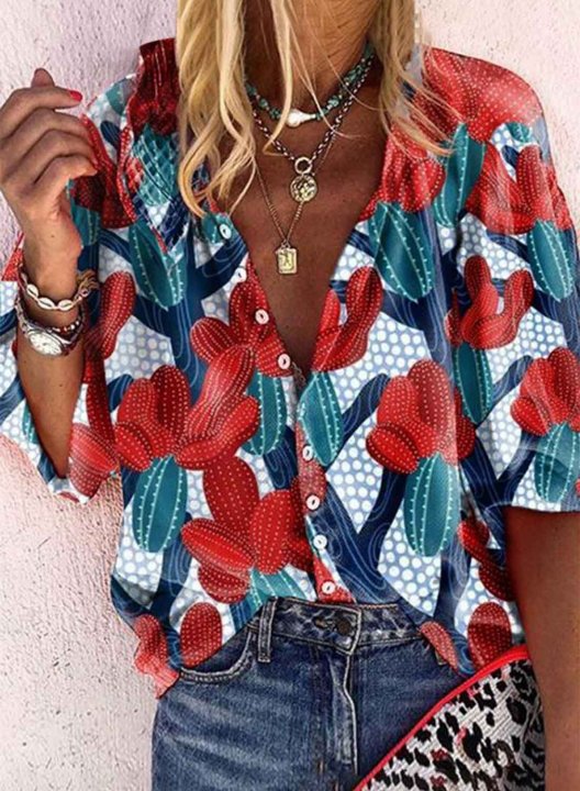 Women's Blouses Color Block Floral Half Sleeve V Neck Daily Blouse