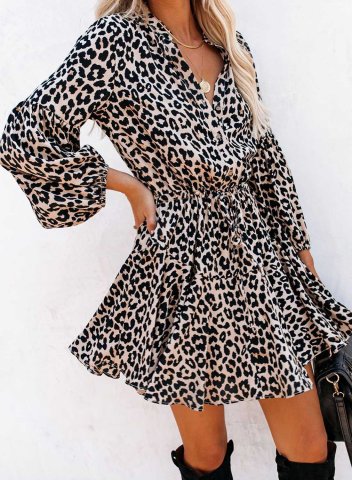 Women's Mini Dresses Leopard Long Sleeve Fit Flare Drawstring V Neck Date Elegant Dress