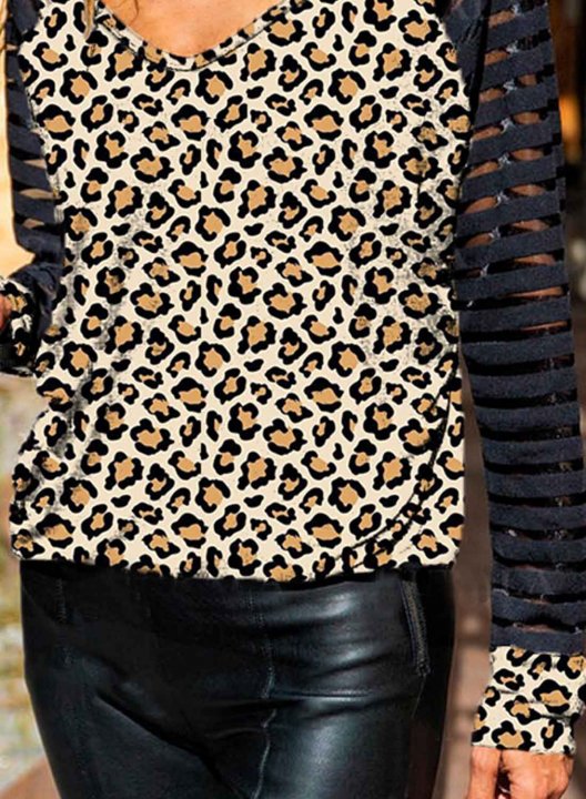 Women's Blouses Color Block Leopard Long Sleeve V Neck Daily Blouse